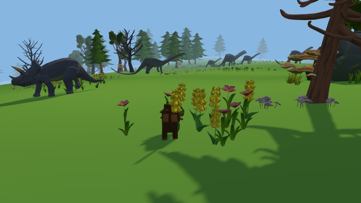 Katze auf einer Wiese, links ein Triceratops, dahinter grasende Apatosaurier – Screenshot aus der Dinowelt