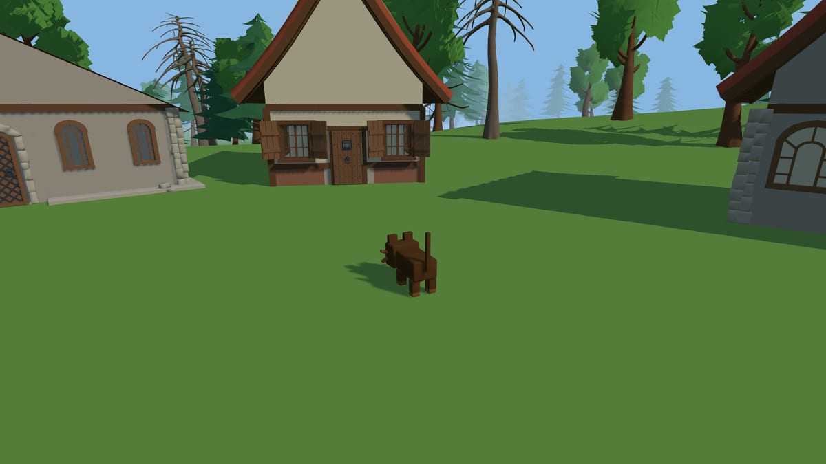 Dorfplatz mit Kirche, Wald und Katze — Screenshot aus dem Spiel