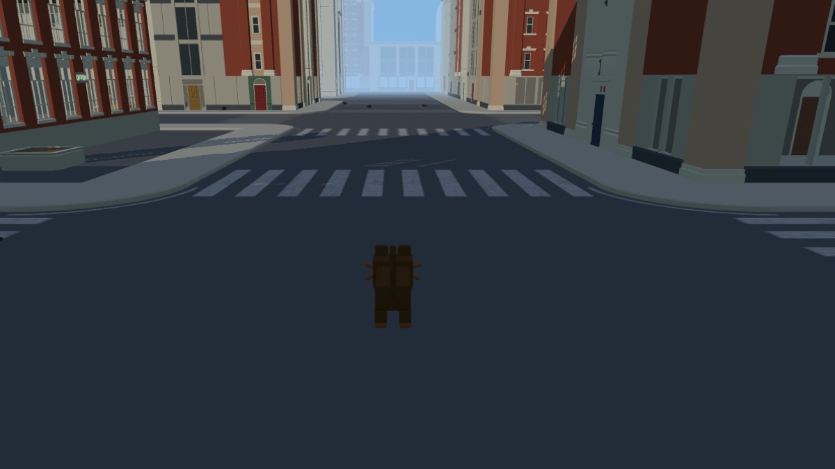 Straßenkreuzung zwischen Backsteinhäusern, links läuft eine Ratte – Screenshot aus der Stadt